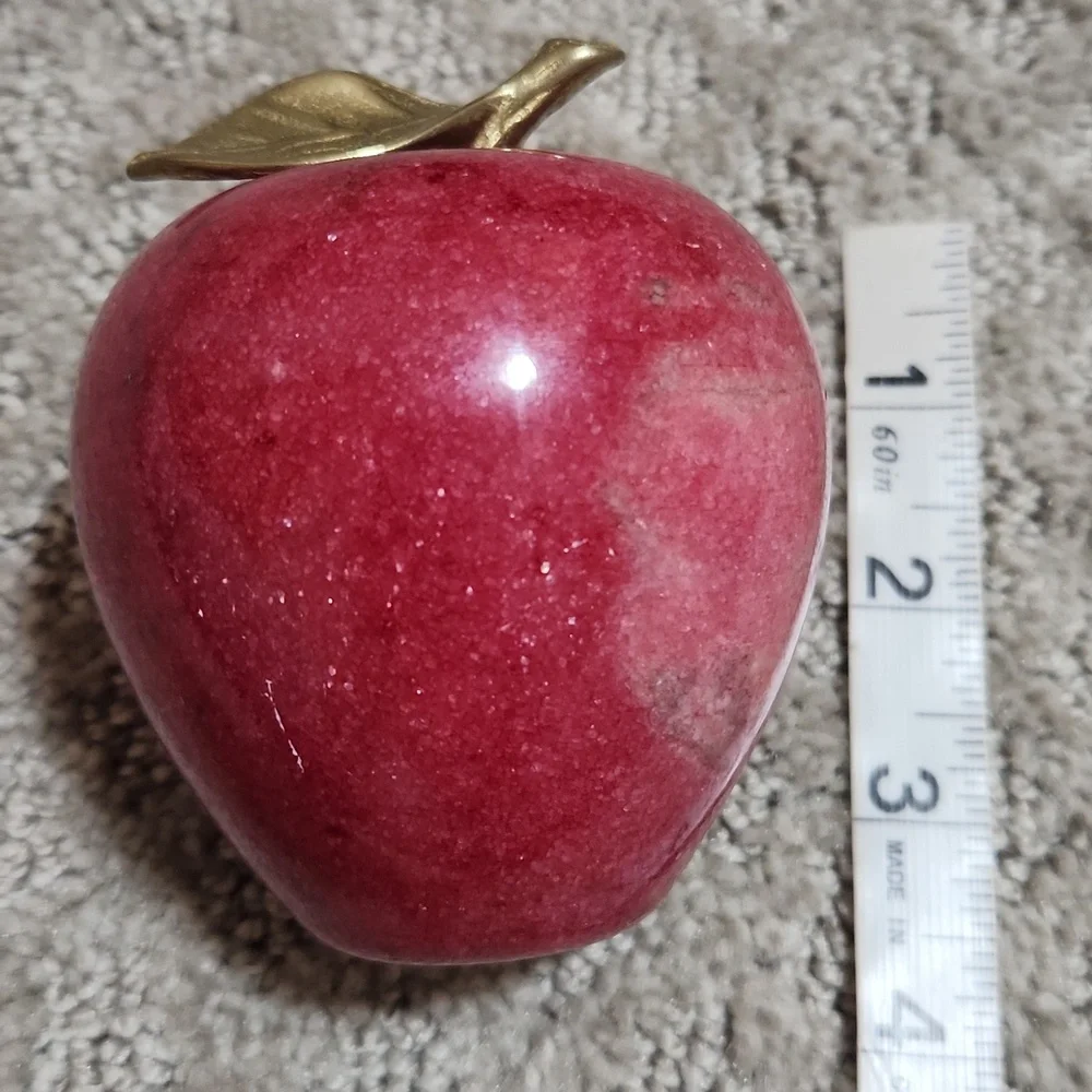 Red Marble Apple Paperweight Sculpture with Golden Brass Leaf